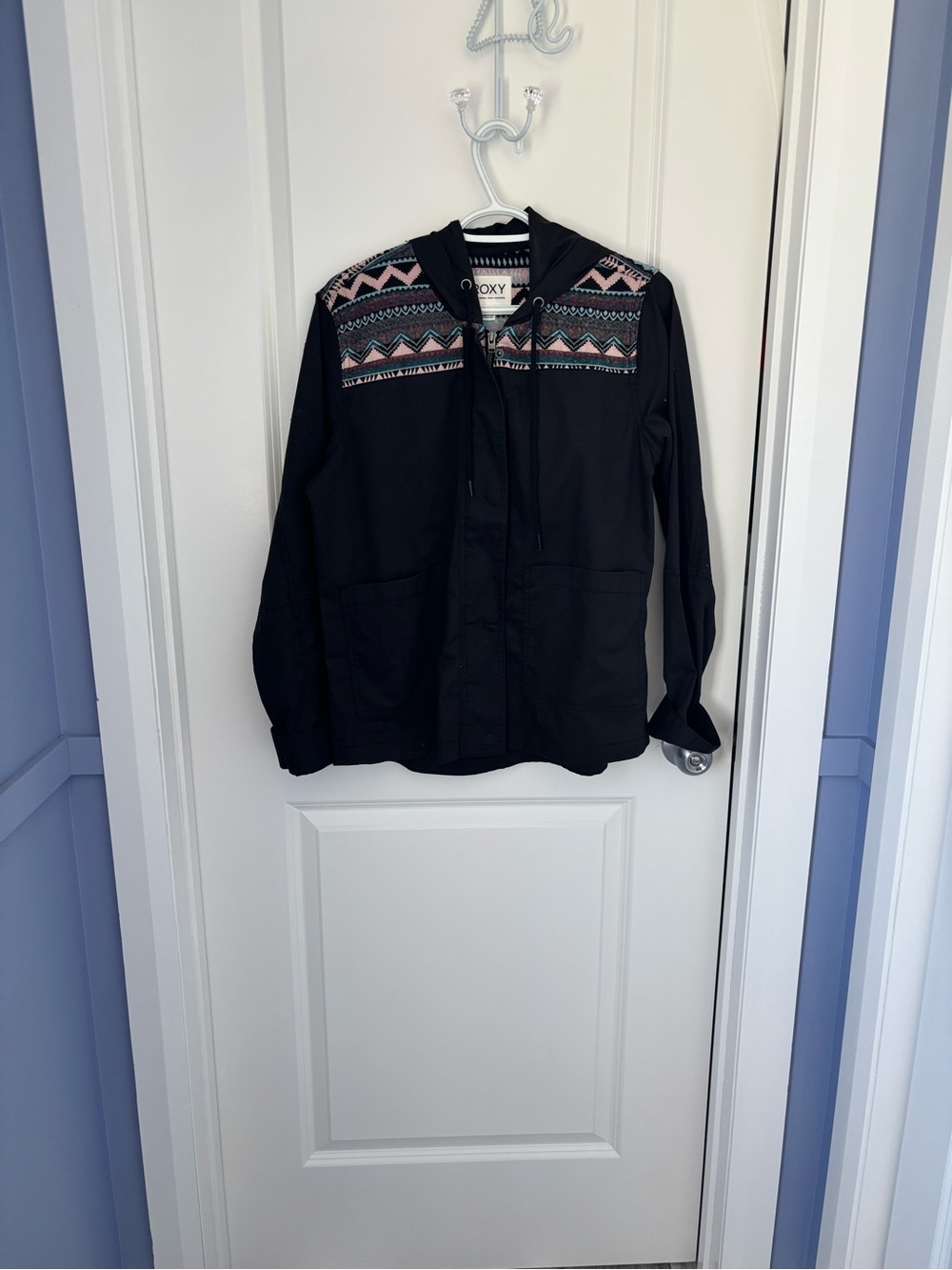 Roxy Black Hooded Jacket with Pink and Teal Patterned Yoke